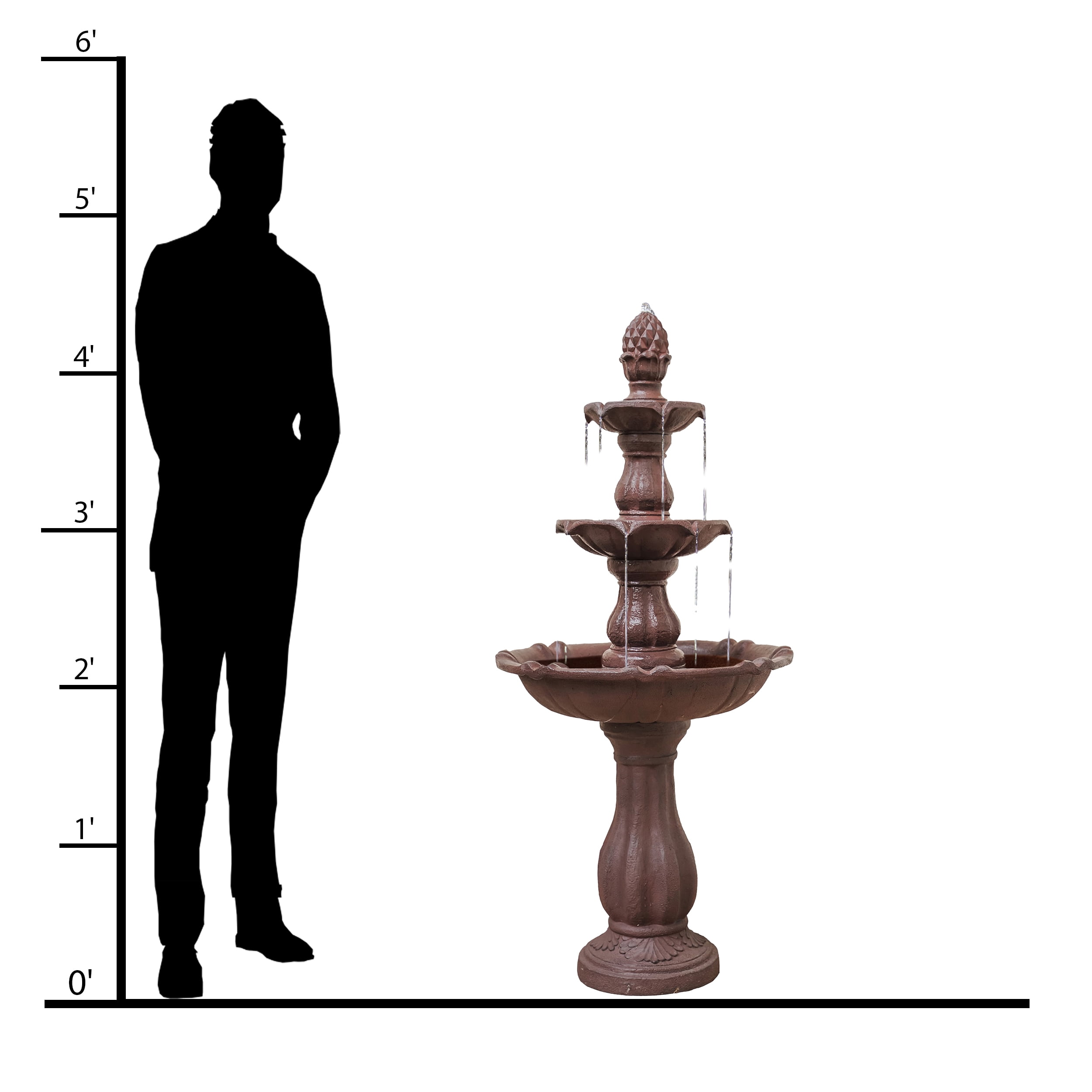 XBrand 3-Tier Water Fountain w/Pump & Pineapple Top, 51 Inch Tall, Brown, Large Outdoor Freestanding Waterfall Decor for Porch, Lawn and Garden