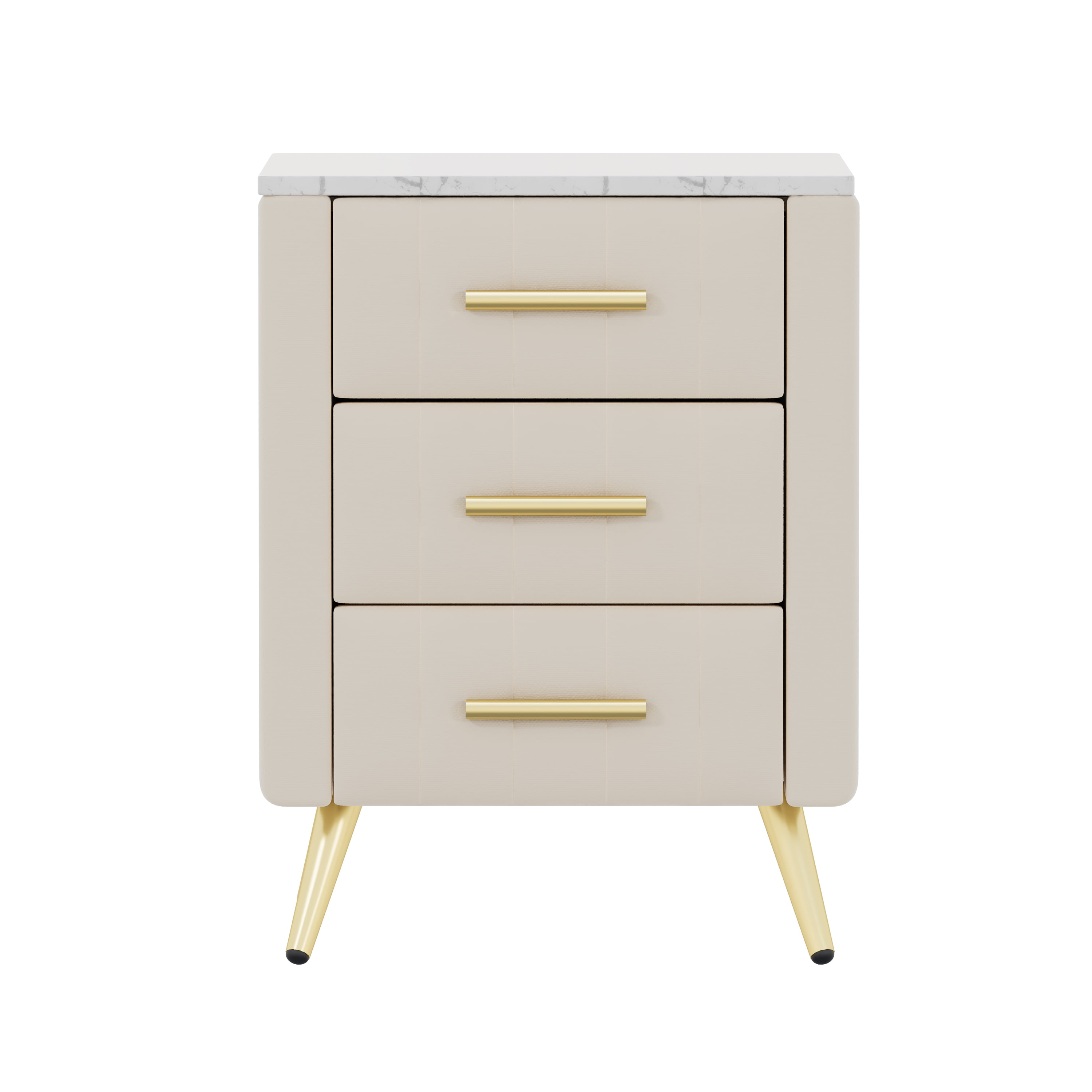 Velvet Upholstered Nightstand with 3 Drawers, Marble Effect Tabletop, Metal Legs & Handles, Plywood Bedside End Table for Bedroom Living Room Nursery, 16.3"×16.3"×21.8"