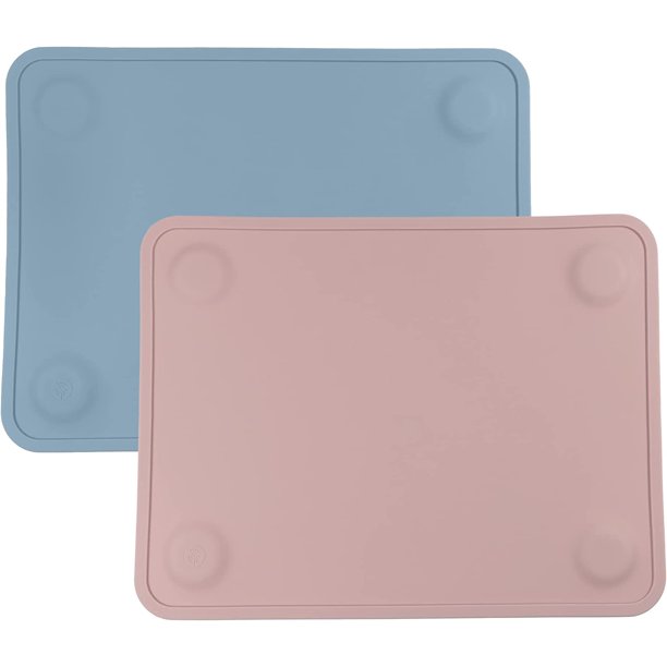 Manteles individuales de silicona con ventosa para bebés, niños pequeños y niños, silicona duradera de grado alimenticio con ventosa antideslizante, apto para lavavajillas, para mesa de comedor y restaurantes + estuche de viaje, paquete de 2, azul mate, rosa grande