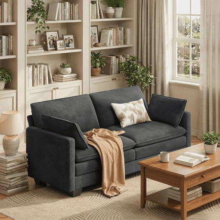 2-Seater Cloud-Like Loveseat Sofa - Double-Layer Upholstered Cushions, Pet-Friendly Corduroy Couch for Bedroom, Living Room & Apartment, Dark Grey