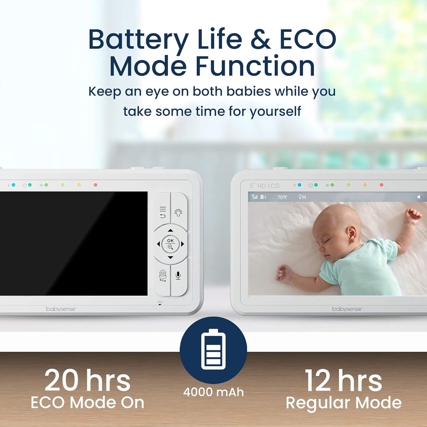 Babysense HD Video Baby Monitor Split Screen, 5" HD Display with 2 Cameras, Night Light, Non-Wi Fi, Pan Tilt Zoom, HDS2