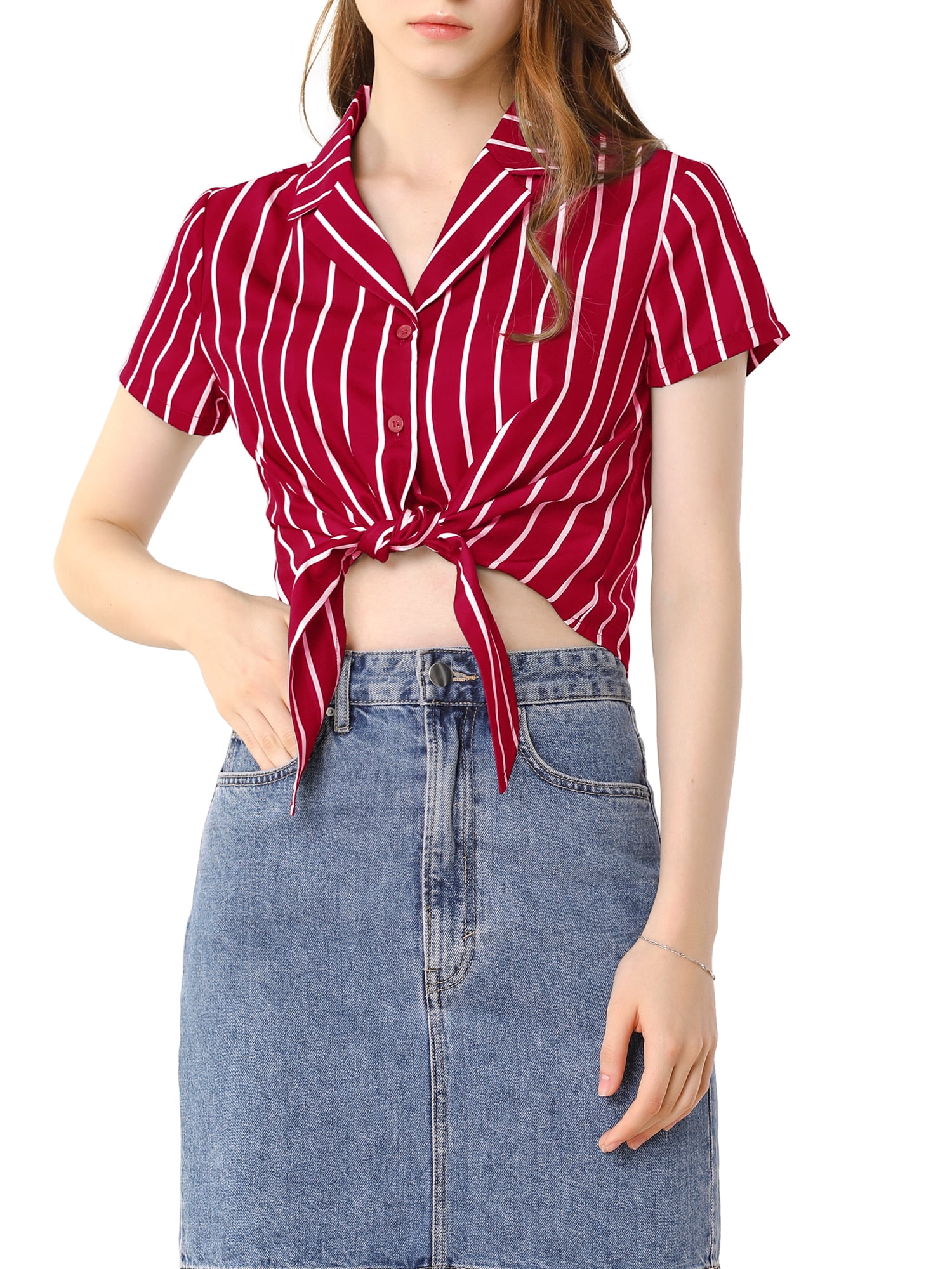 INSPIRE CHIC Women's Stripe Button up Short Sleeve Tie Front Short Shirts S Red