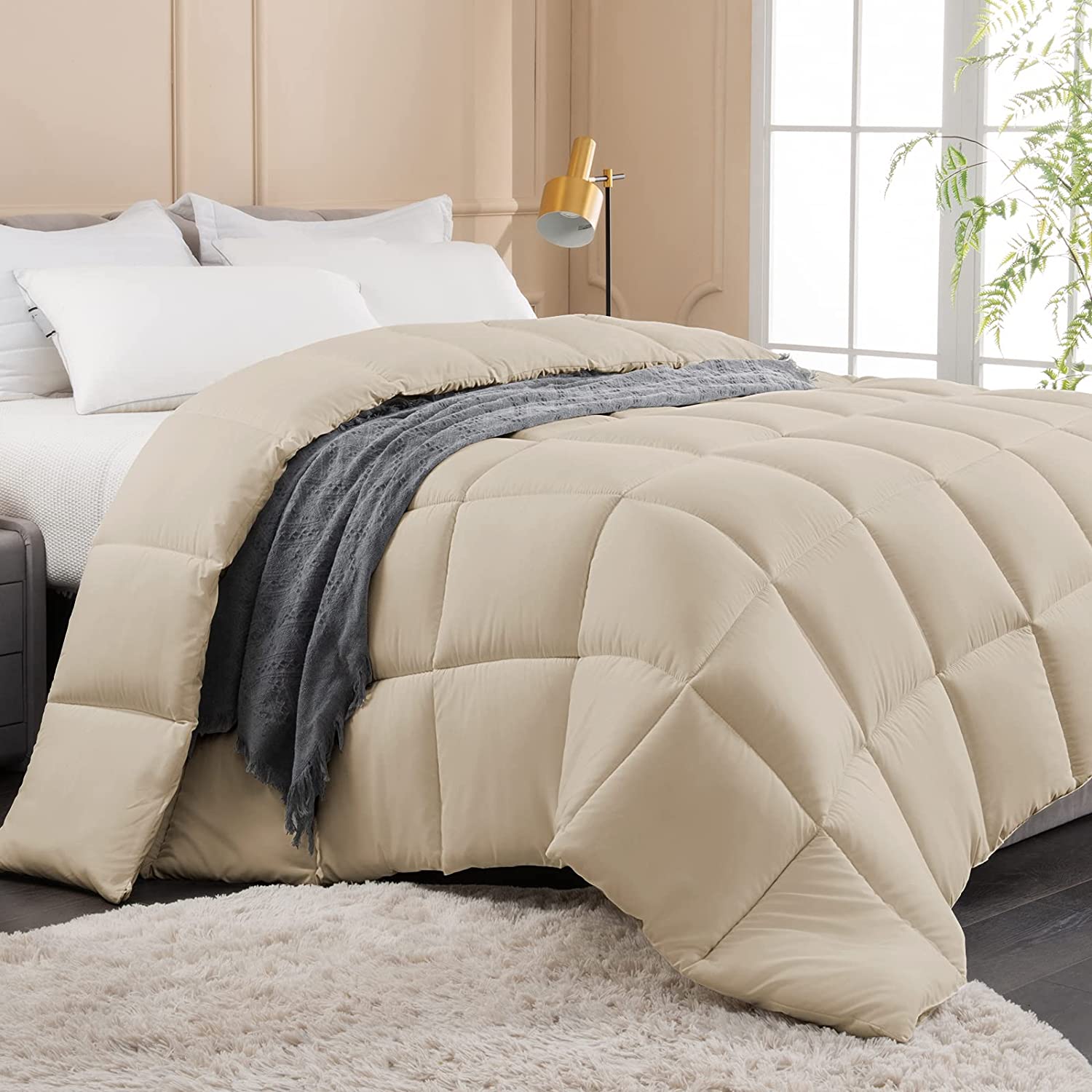 BlcTec Comforter Queen Size Duvet Insert Beige Down Alternative Quilted