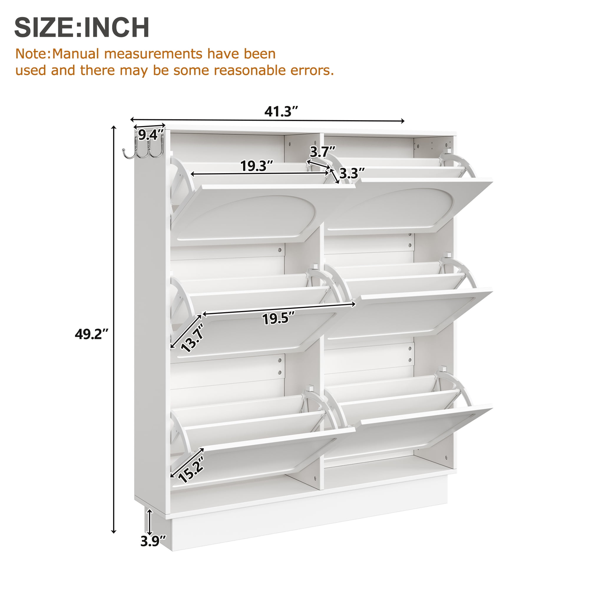 Euroco Elegant Narrow Tipping Bucket Shoe Cabinet with 6 Flip Drawers, Space Saving Design, Cream Style Entryway Organizer with Adjustable Shelf, Free-Standing Shoe Rack with 3 Silvery Hooks, White