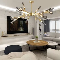 GMizon Sputnik 24-Light Chandelier Modern Gold Pendant Light Gray Glass Ceiling Fixture