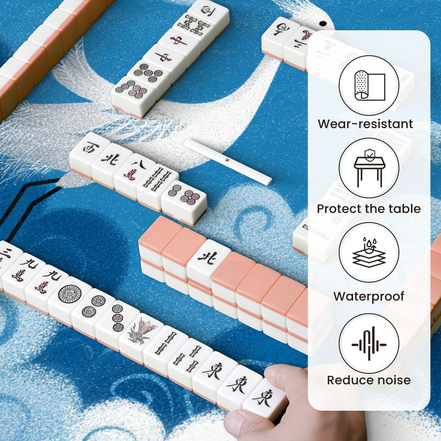Chinoiserie Mahjong Mat 31.5" x 31.5" Symmetrical Crane Amid Swirling Clouds Non-Slip Noise Reduction Mahjong Tiles Table Cover for Dominoes Poker Card Board and Tile Games