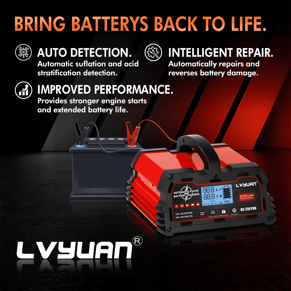 LVYUAN 25A 12V/24V Automotive Battery Charger Float & Trickle Battery Charger Maintainer Desulfator for Car, Truck, Motorcycle, lawn mower, LiFePO4 & Lead-Acid Batteries