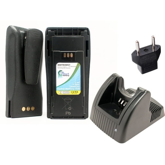 2x Pack - Motorola EP450 Battery   Charger with EU Adapter - Replacement for Motorola NNTN4851A Two-Way Radio Battery and Charger (1000mAh, 7.5V, NI-CD)