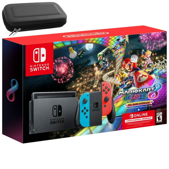 Nintendo Switch with Neon Blue and Neon Red Joy-Con - Mario Kart 8 Deluxe (Full Game Download) - 3 Month Switch Online Individual Membership, Bluetooth 4.1, 6.2" Touchscreen LCD - Carrying_Case