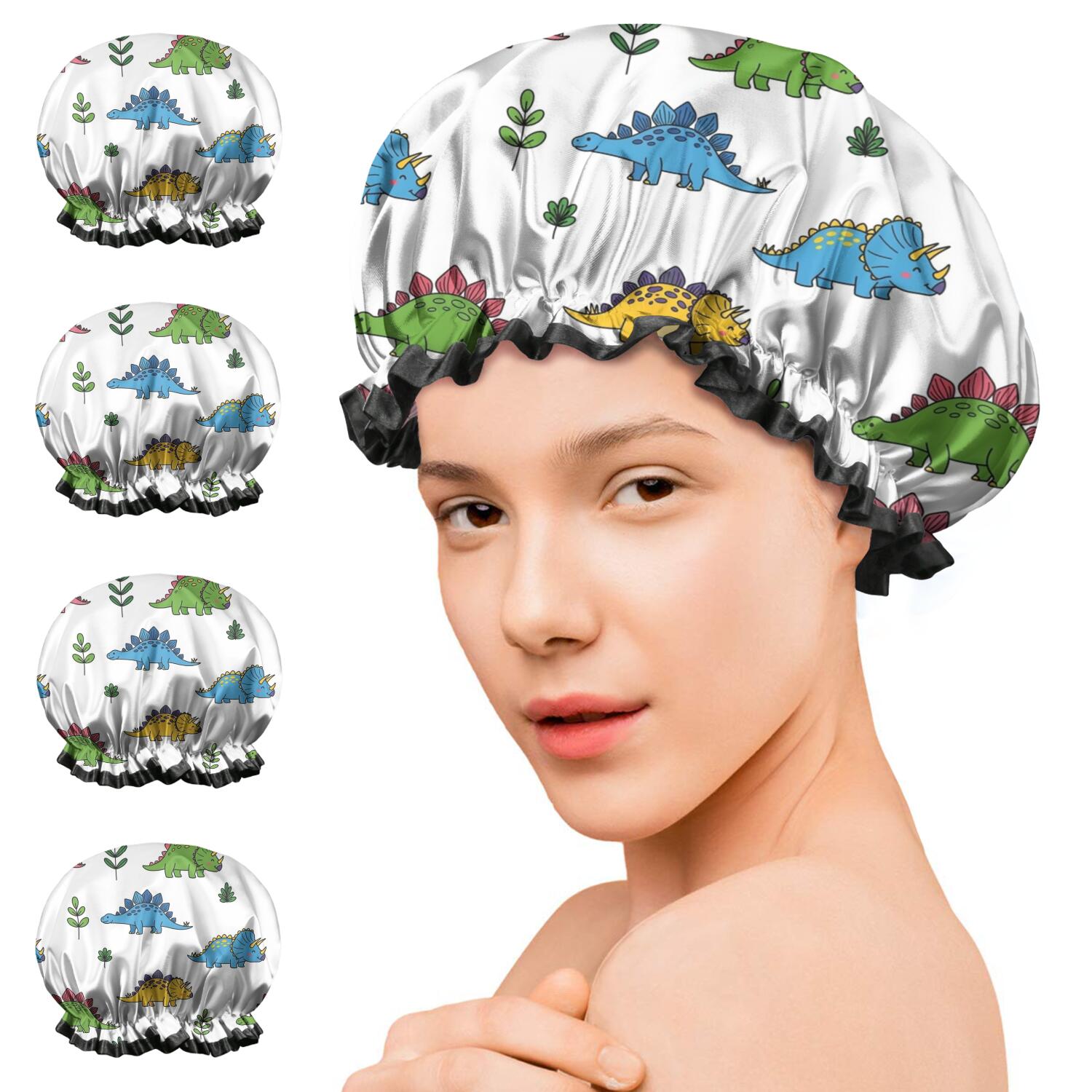 Shower Caps,White Dinosaurs Plants Pattern Waterproof Shower Cap for Women 4 Pieces,Double Reusable Hair Cover for Shower PEVA Elastic Stretch Hem