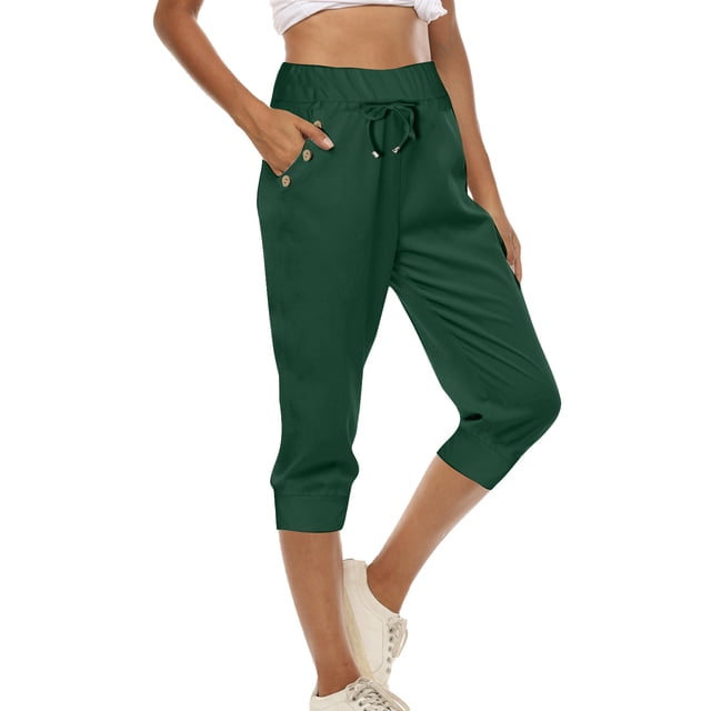 Summer Clearance! Womens Plus Size Pants,Summer Pants for Womens,Womens Casual Tight High Waisted Drawstring Button Pocket Cropped Pants