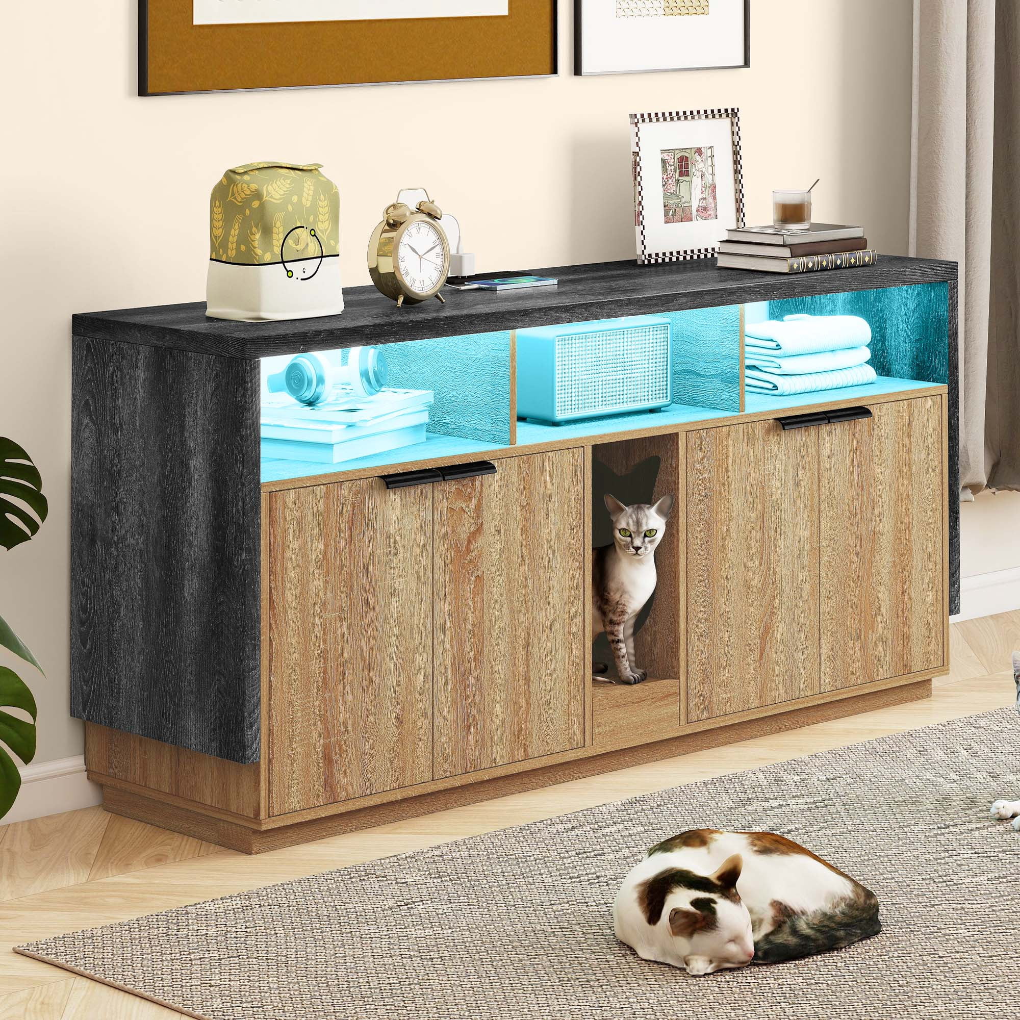 Uforic Double Cat Litter Box Enclosure with Power Hub & LED Light – 59" Oak TV Stand Cabinet for 2 Cats, Hidden Litter Furniture