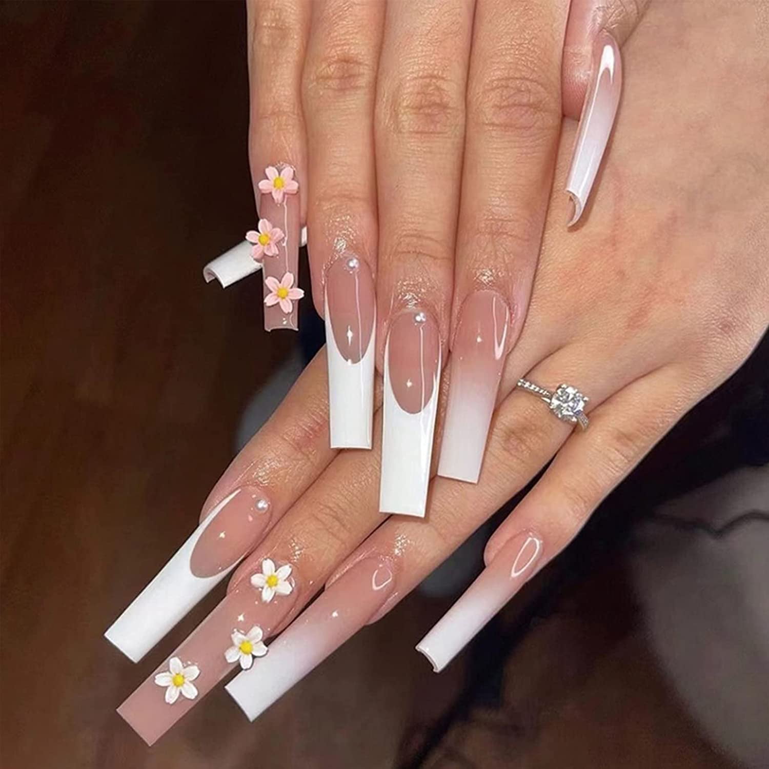 Pink Press on Nails White Ombre French Tip Fake Nails Long Coffin Stick ...