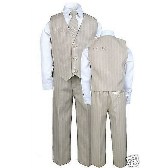4pcs Vest Sets Boys Pinstripe Formal Wedding Tuxedo Suits Khaki Taupe Beige S-20
