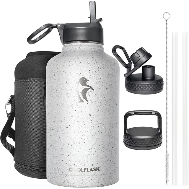 Bouteille d'Eau de Demi-Gallon Isolée 64 oz avec Couvercles en Paille et 3, Coolflask Galaxy Grand Acier Inoxydable Réutilisable en Métal