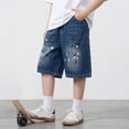 thumbnail image 4 of Denim Shorts Elastic Waist Straight Leg Jeans Shorts Casual Loose Fit Denim Shorts with Pockets Shorts for Boys 14-15 Years, 4 of 8