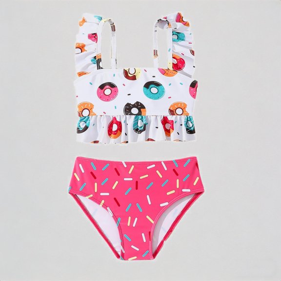 Krdevn Girls Two Piece Bikini Swimsuit Donut Sprinkle Print Ruffle Strap Peplum Top High Waist Bottom UPF 50 Summer Beach Pool Swimwear,4Y