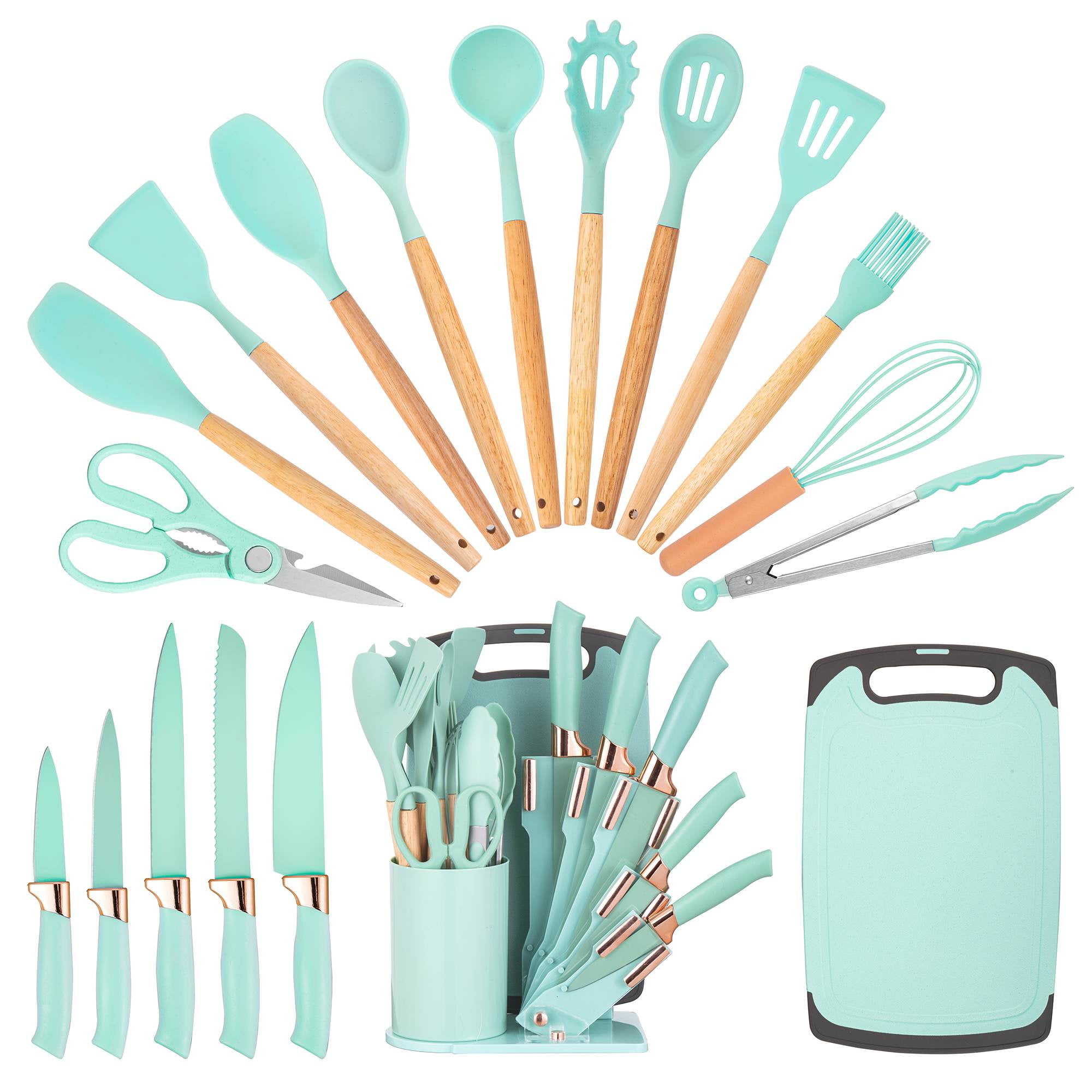 HEESEM 19-Piece Silicone Kitchen Utensil & Knife Set - Heat-Resistant Cooking Tools Non-Stick Safe Gift for Mom or Women  Dark-Green