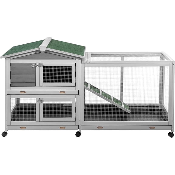 AECOJOY 61.5" Outdoor Wooden Rabbit Hutch, Two-Story Bunny Cage with Wheels, No-Leak Tray and Anti-Slip Ramp