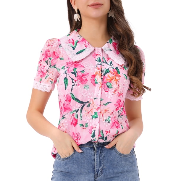 CAMISA CHIC Floral de Mujeres con Mangas Cortas, Cuello Peter Pan de Encaje, Blusa con Botones, Rosa Brillante XS
