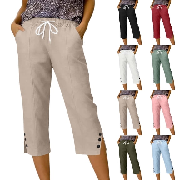Hueook Womens Capri Pants Womens Golf Pants Women's SummerLinen Solid Color Loose Straight Leg Pants with Pockets Side Slit Buttons Cropped Pants Pink S