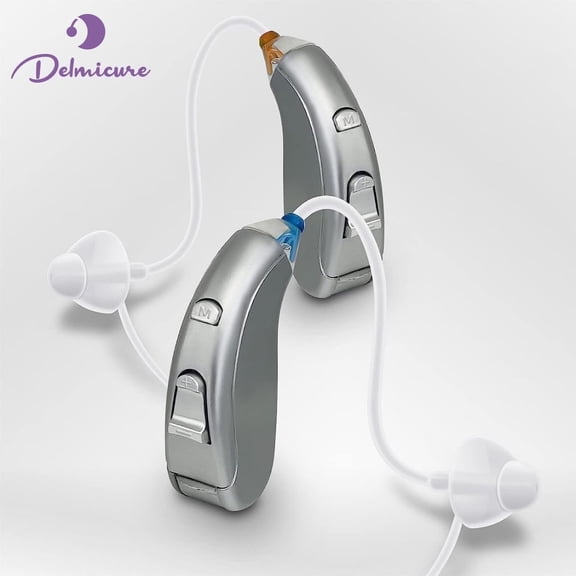 Delmicure Hearing Aids for Seniors with Replaceable Battery, BTE Sound Device with Adjustable Volume and 4-Mode, VHP-702 Gray - Banural