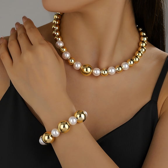 1 Set Imitation Pearl Necklace Bracelet Retro Punk Style Beaded Choker Necklace Metallic Golden Bead Bracelet Women Jewelry for Party Dating