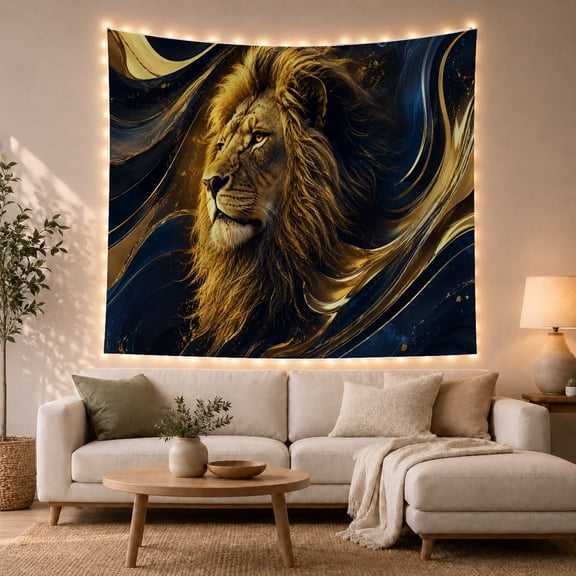 Lion with Golden Swirls Against Dark Abstract Background, Mystical Fantasy Art for Animal Lovers, Modern Wildlife Decor, Housewarming Gift Tapestry Wall Hanging for Living Room and Bedroom