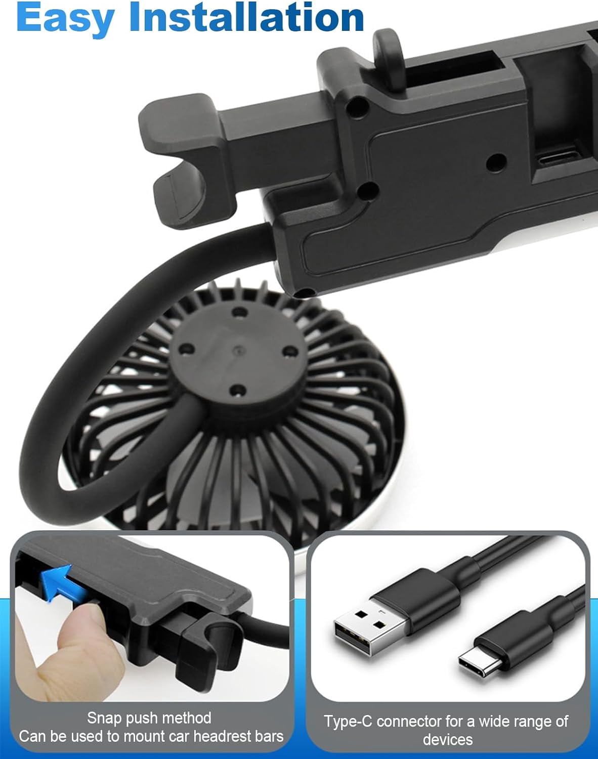Dual Head Car Fan with Lights, USB Car Rear Seat Ventilation Fan, 3 Speeds and 360 Degree Rotatable Cooling Car Fans for Vehicles RV SUV Truck