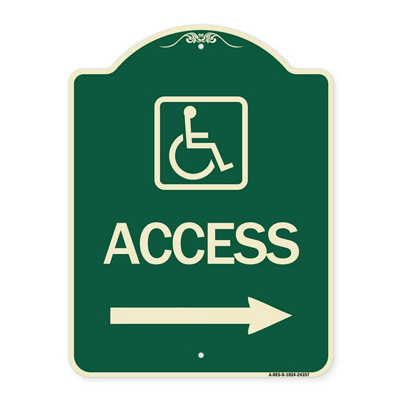 SignMission Designer Series Sign - Access (With Updated Isa Symbol and Right Arrow) | Green & Tan 18" x 24" Heavy-Gauge Aluminum Architectural Sign | Made in the USA