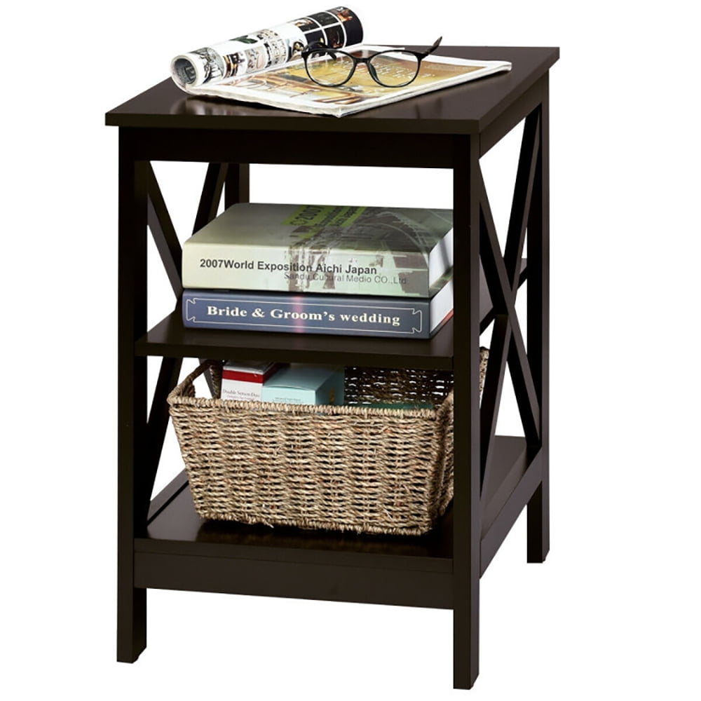 Finihen End Table, 3-Tier Nightstand End Table with X Design Storage, Bed Side Tables, for Living Room, Bedroom, Dark Brown Finihen End Table, 3-Tier Nightstand End Table with X Design Storage, Bed Side Tables, for Living Room, Bedroom, Dark Brown