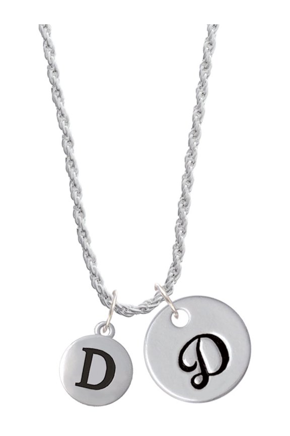 Silvertone Capital Letter - D - Pebble Disc - Silvertone Script Initial Disc - D - Charm Necklace, 20"+3"