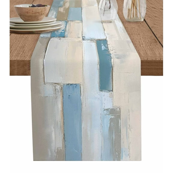 Vintage Table Runner Cotton Linen 108 Inch Holiday Dresser Scarves, Modern Blue Brown Geometric Color Blocks Tablerunner for Kitchen Coffee Dining Bedroom Living Room Dinner Scarf Décor 13''x108''