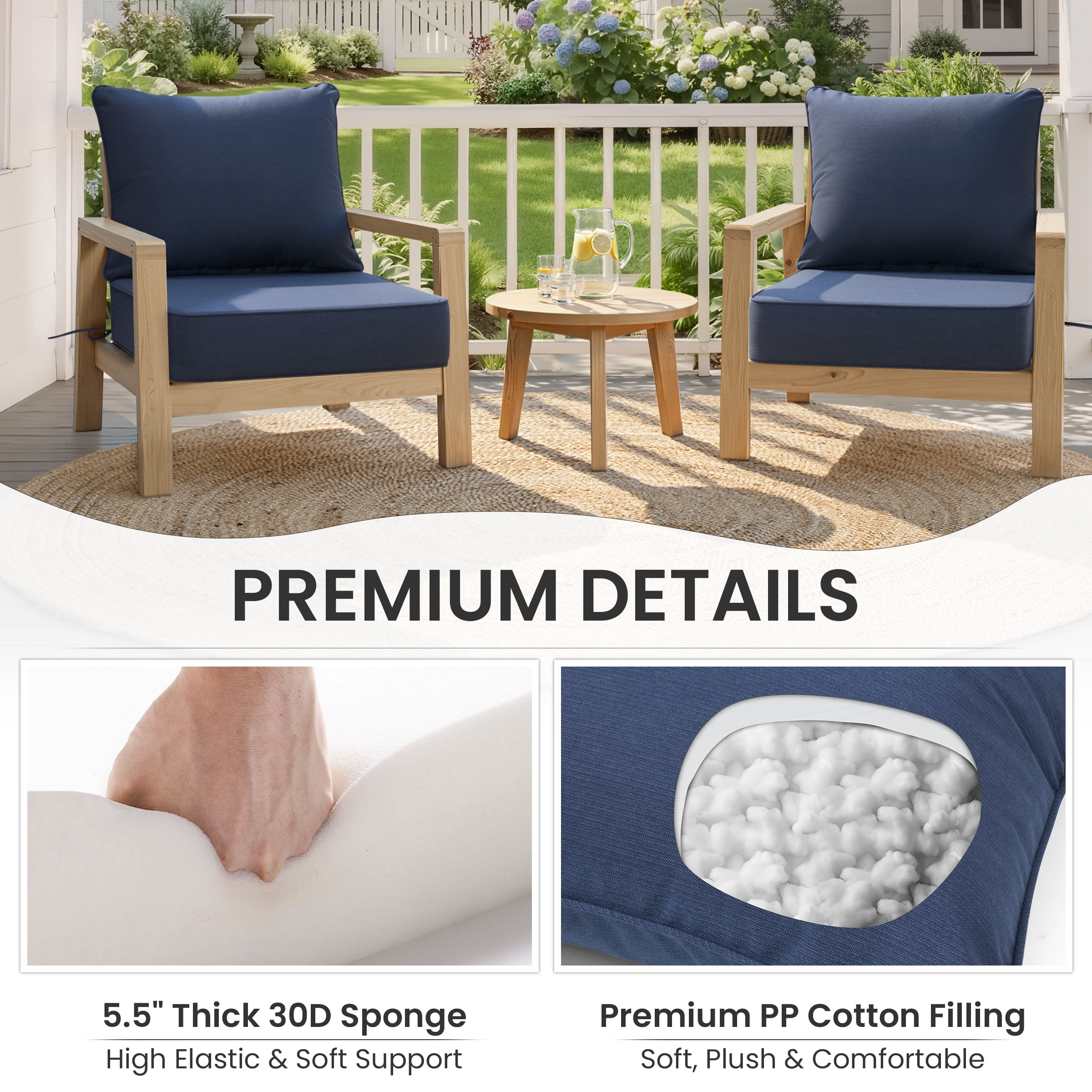 Crestlive 5.5" Outdoor Cushion for Patio Furniture Set of 2, 24 x 24, Waterproof and Fade-Resistant Deep Seat Cushions for Chair, Wicker Sofa and Couch, Navy Blue