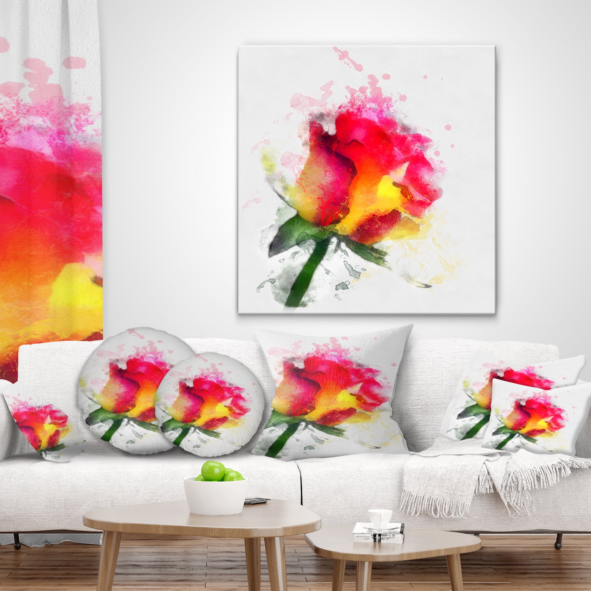 Designart Red Hand drawn Rose Watercolor - Flowers Throw Pillowwork - 16x16