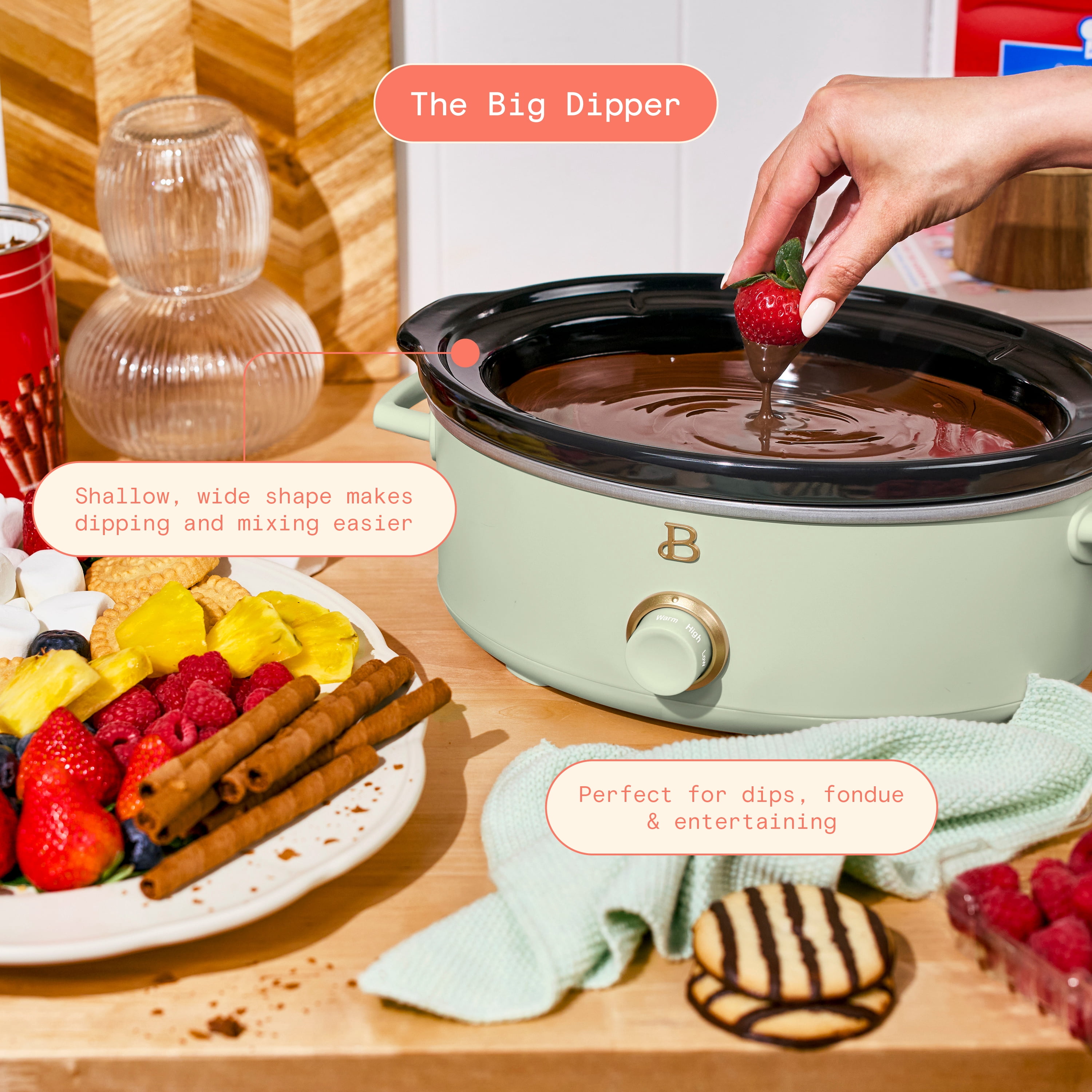 Beautiful 2.5 Qt Dip and Serve Manual Slow Cooker, Sage Green by Drew Barrymore
