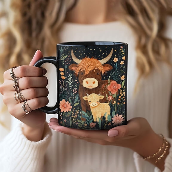 Mama Highland Cow and Baby Mug, New Mother Gift, Forestcore Coffee Cup, Cute Animal Tea Mug, Mother's Day Present, Woodland Creature Kitchen
