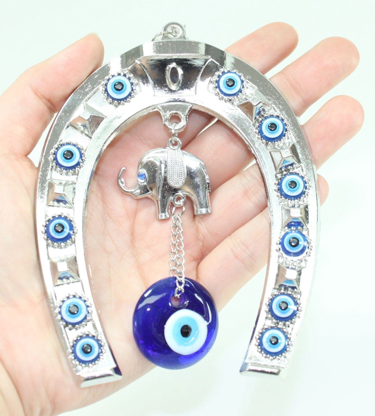 Turkish Blue Evil Eye Horseshoe with Elephant and Ribbon Wall Hanging Amulet