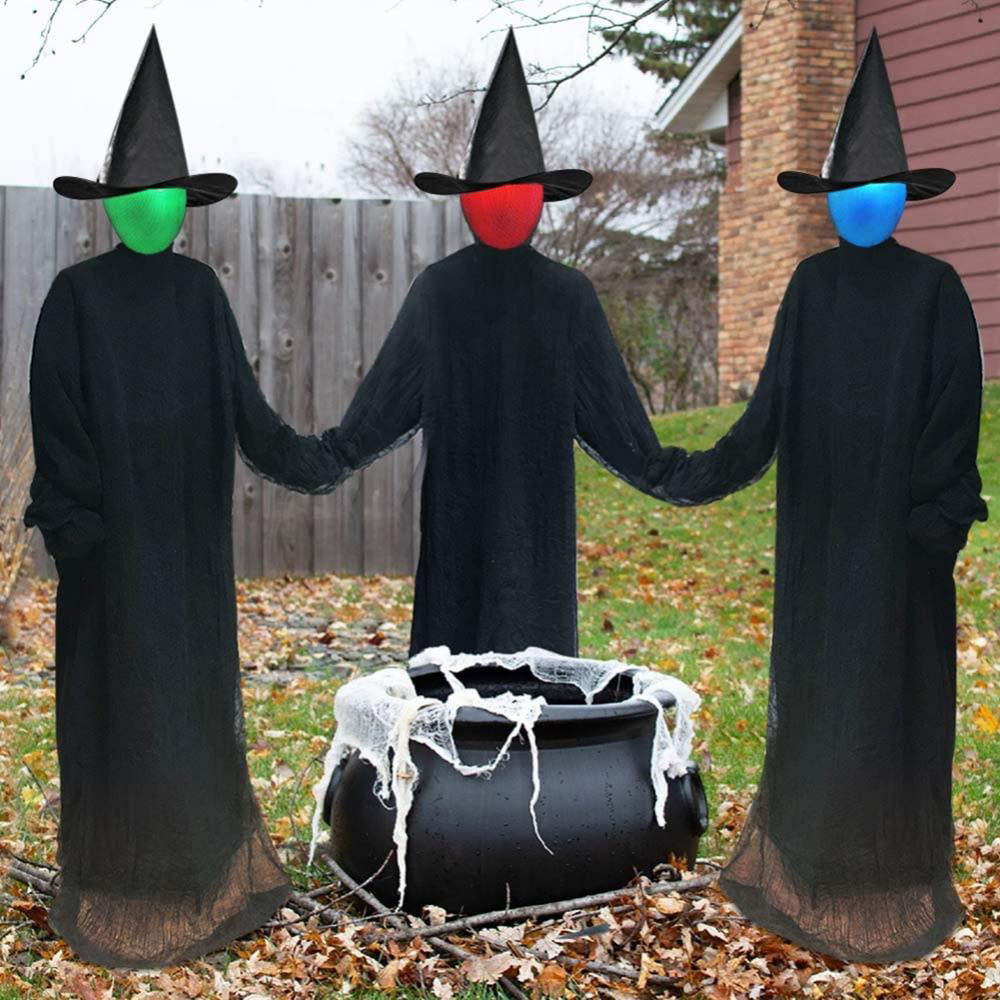 Halloween Visiting Luminous Witches with Stakes Outdoor Halloween Decorations Light-Up Witches Voice Control Witch Glowing Head Waterproof Life Size for Outside Home Party Decor 