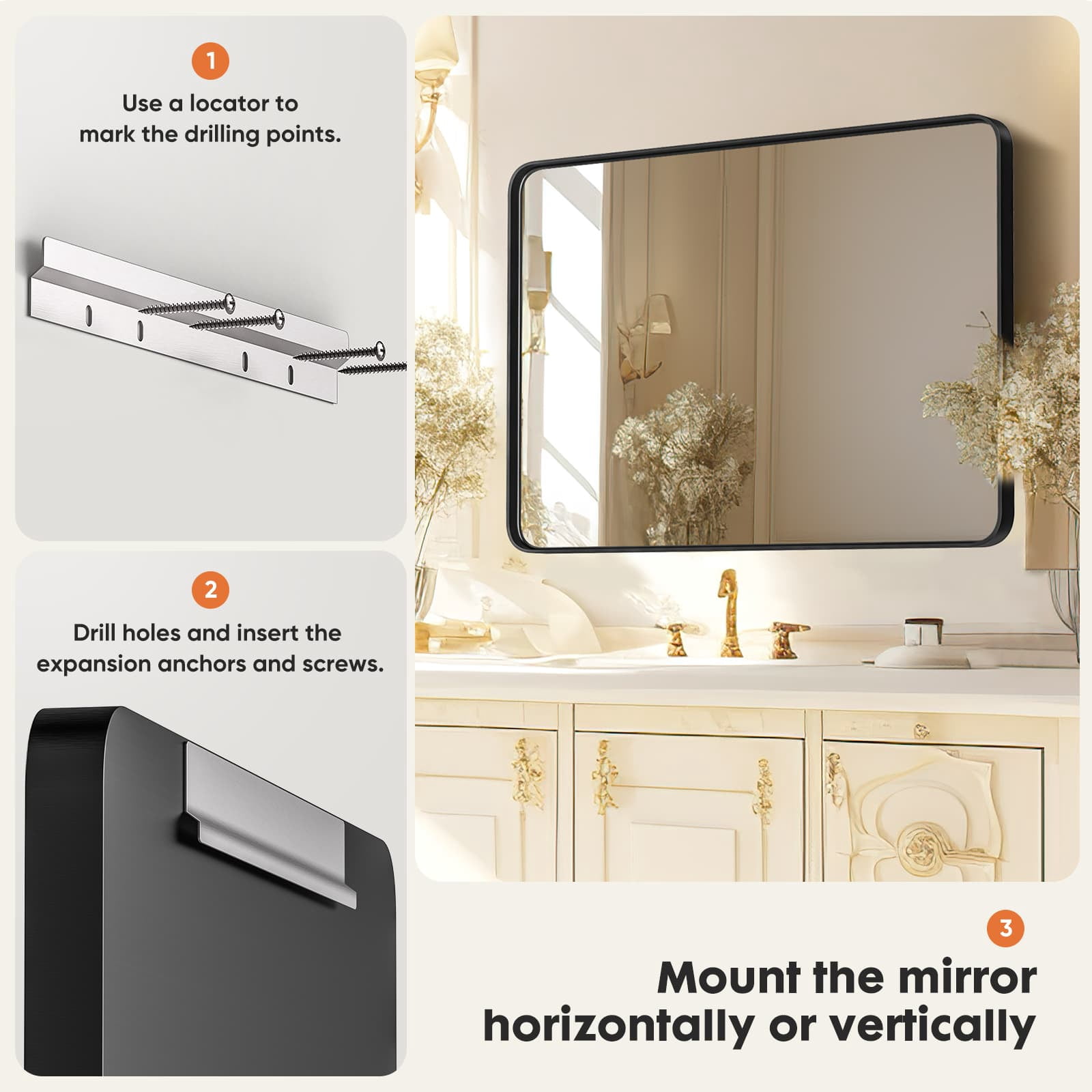 MAYEERTY 36"×24" Bathroom Vanity Mirror for Wall, Aluminum Alloy Framed Wall Mirror, Black