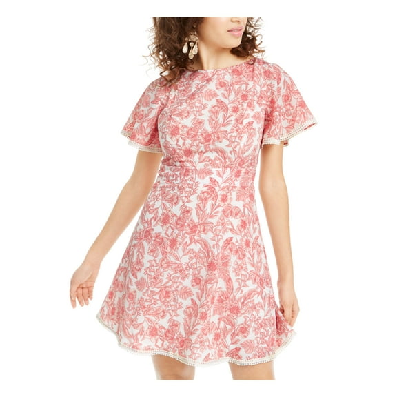 B DARLIN Womens Pink Floral Short Sleeve Crew Neck Mini Trapeze Dress 1112