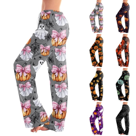 IYYVV Halloween Pajamas Women Goth Pumpkin Print Drawstring Pj Pants Halloween Stretch Lounge Skull Spooky Orange Autumn Pant Green M