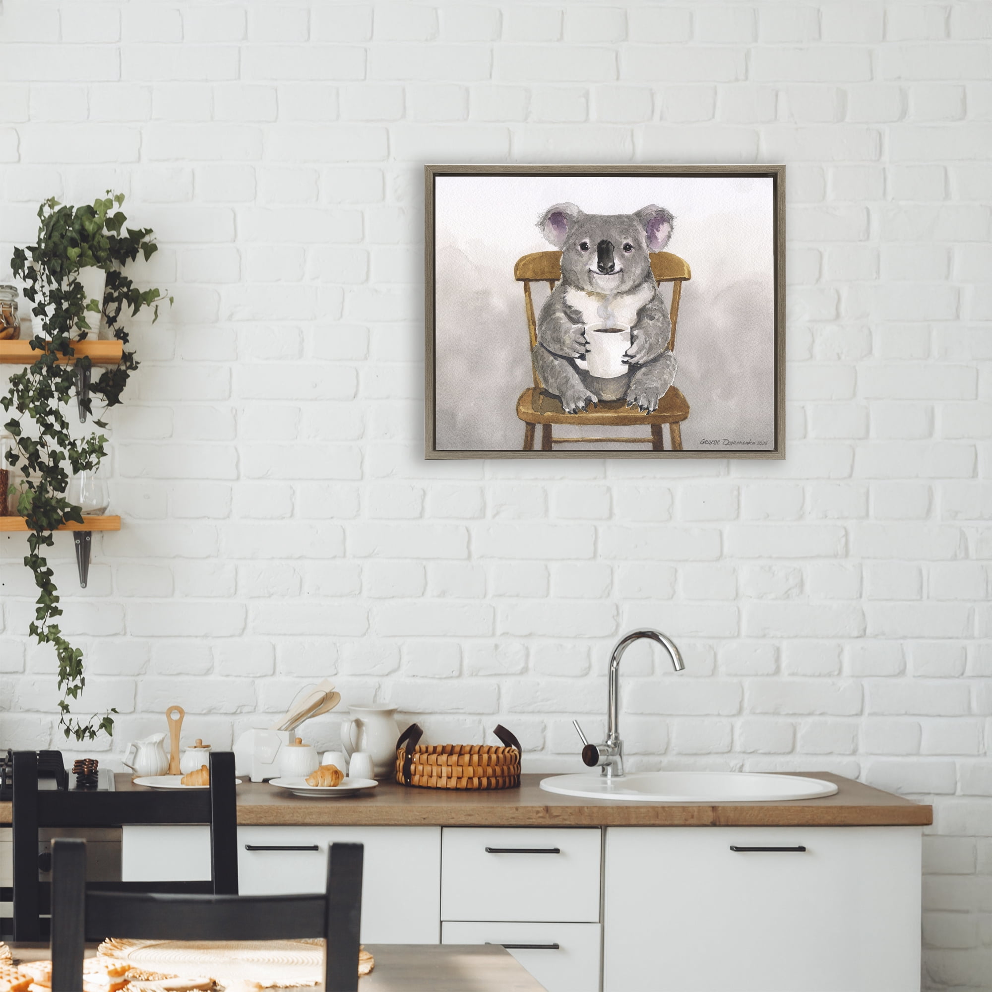 Stupell Industries Koala with Coffee Mug Brown Framed Floater Canvas Wall Art, design by George Dyachenko