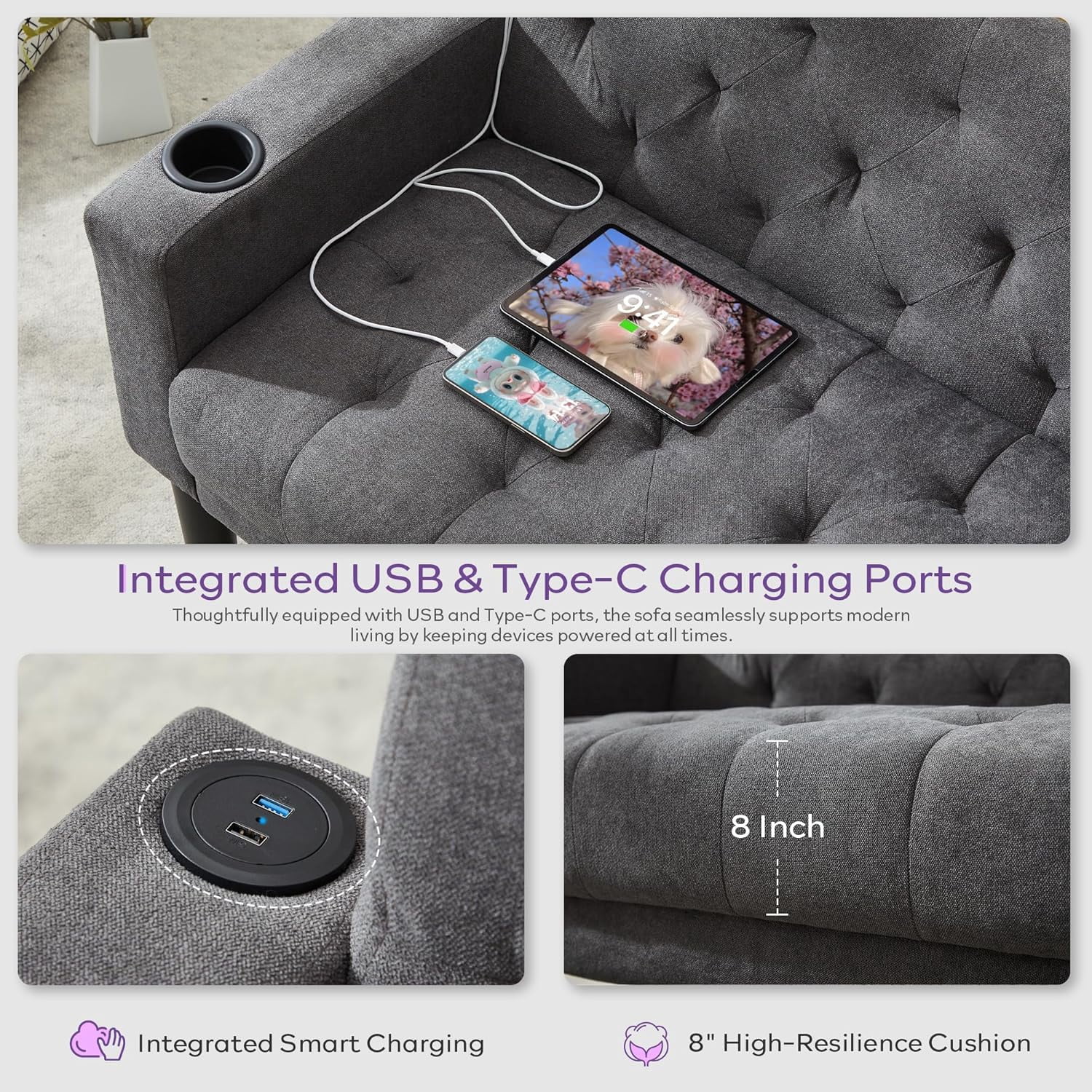 LAZZO 62" Loveseat Sofa, Tufted Couch with USB Ports and Cupholders for Living Room, Office and Bedroom, Dark Gray