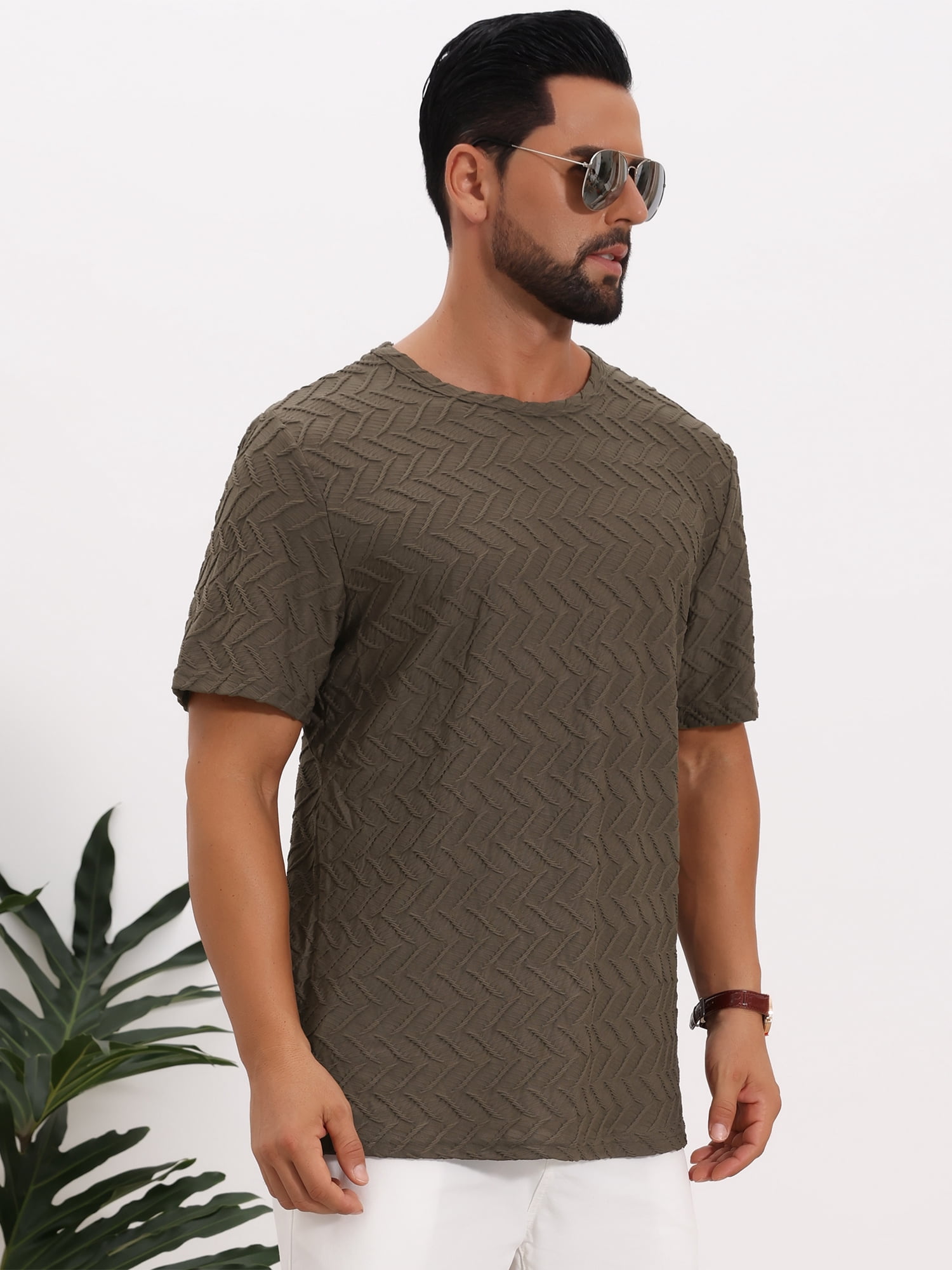 DARING DIVA Men's Knitted T-Shirts Short Sleeve Crew Neck Jacquard T-Shirt S Brown