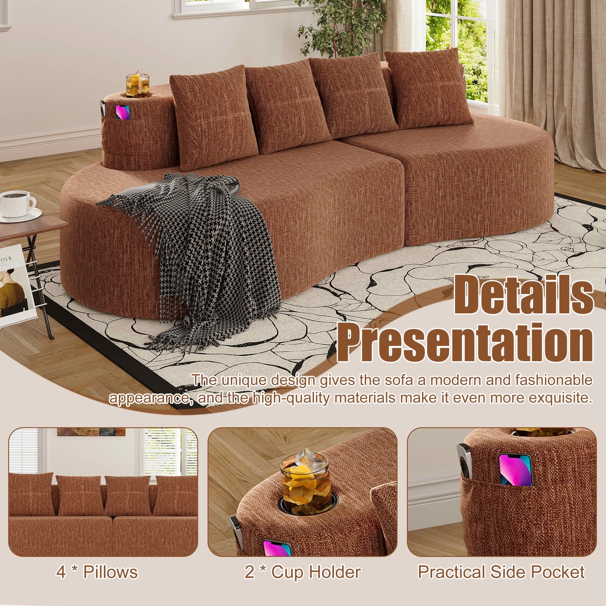 MAYEERTY Curved 3-Seat Modular Sectional Sofa, Minimalist Half Moon Chenille Couch for Living Room & Apartment