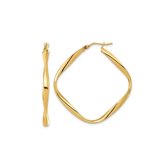 14K Yellow Gold Polished Twisted Sqaure Hoop Earrings 1 1/3 inch (3.00 mm) for Women