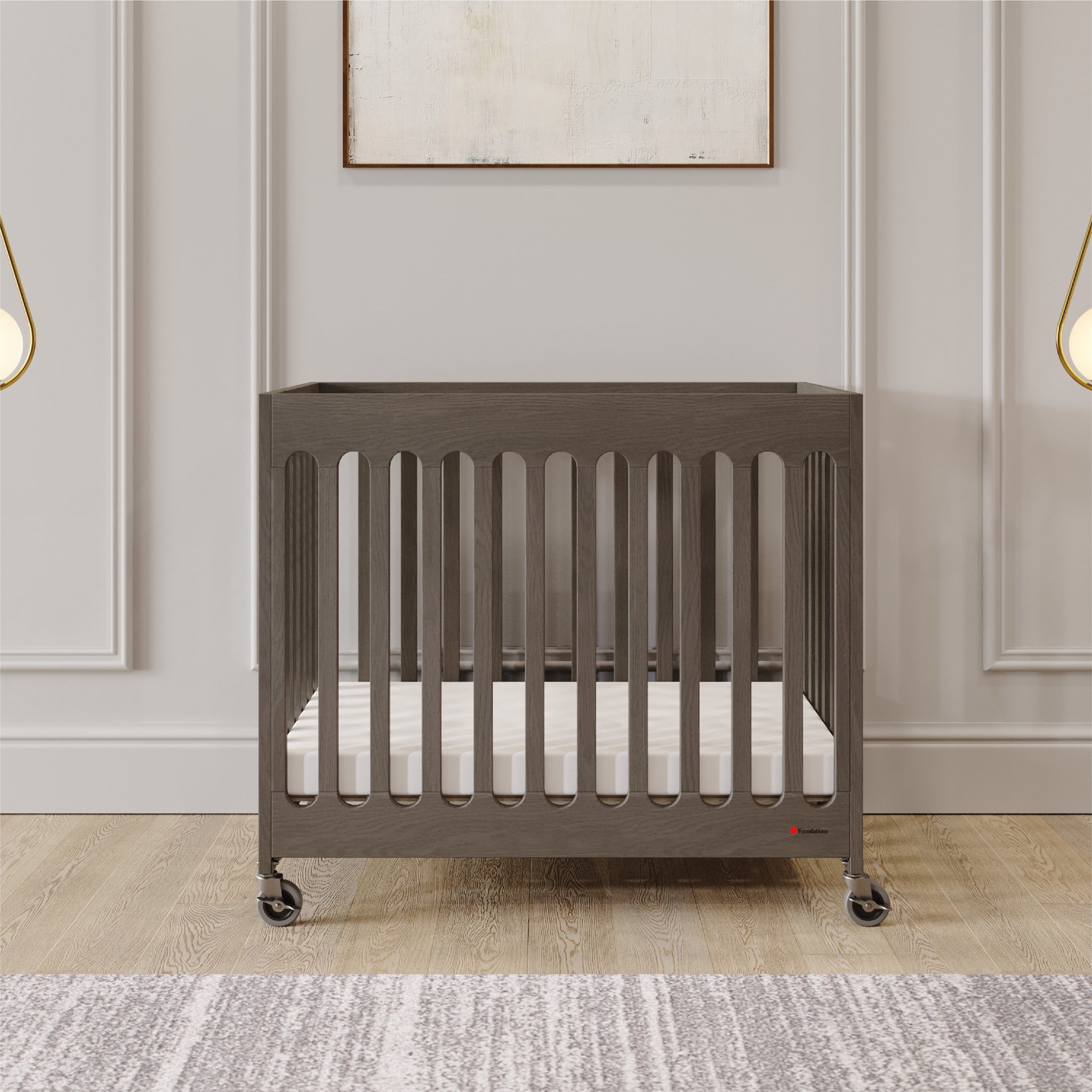 Foundations Boutique Folding Hotel Crib and Sheet Bundle - Includes Wooden Mini Crib with 3" Foam Mattress (Gray) and 6-Pack White Fitted Compact Crib Sheets