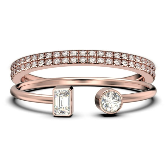 Minimalist Open Band Ring 1.80 Carat Round Cut Diamond Moissanite Engagement Ring, Unique Style Ring in 925 Sterling Silver With 18k Rose Gold Plating, Trio Set, Matching Band