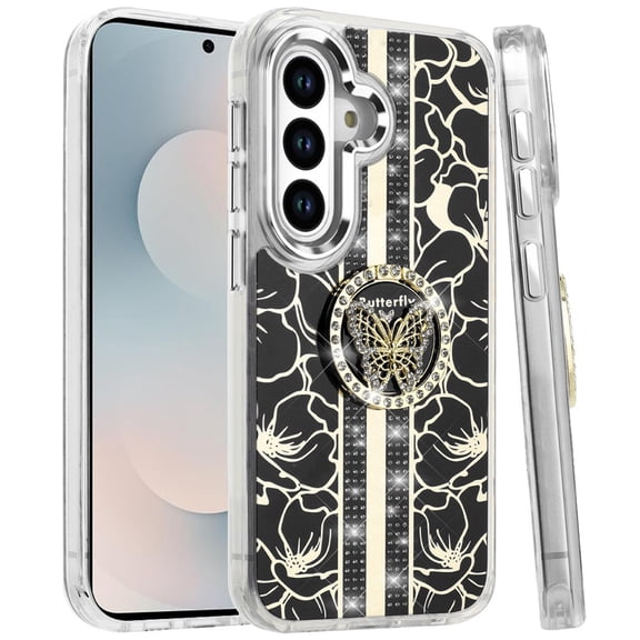 XPM for Samsung Galaxy S26 Phone Case, Diamonds 3D Butterfly Floral Design Bling Sparkly Glitter Hybrid Metal Fashion with Ring Stand Cover for Samsung s26 (Black)